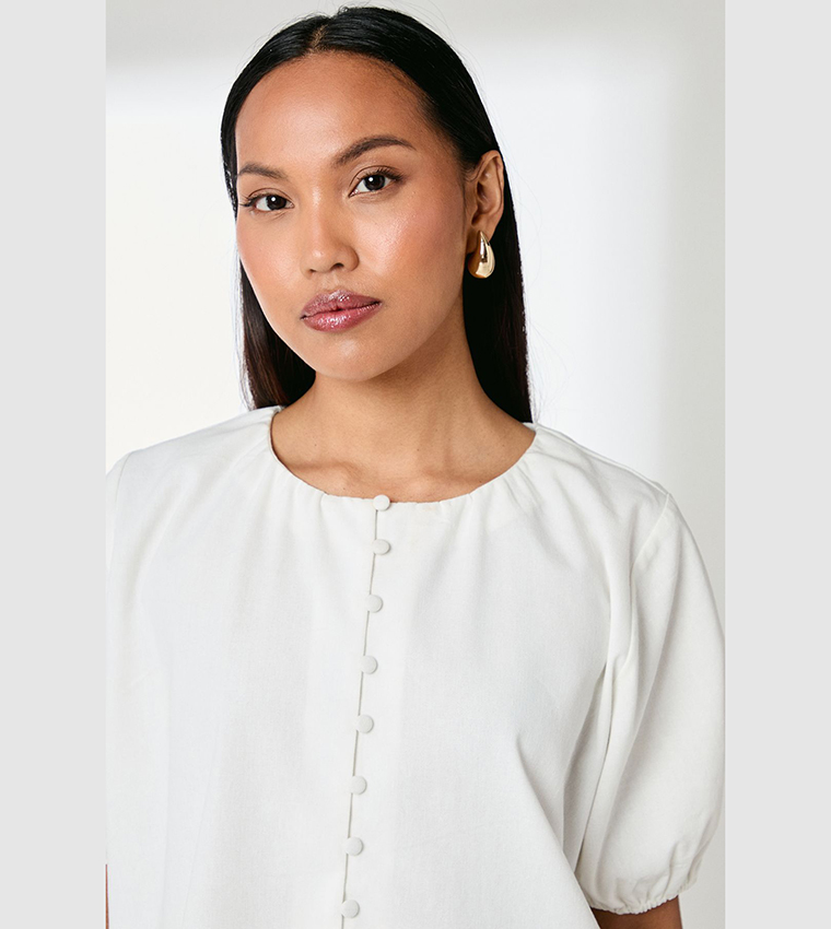 Puff Sleeves Button Front Linen Shirt