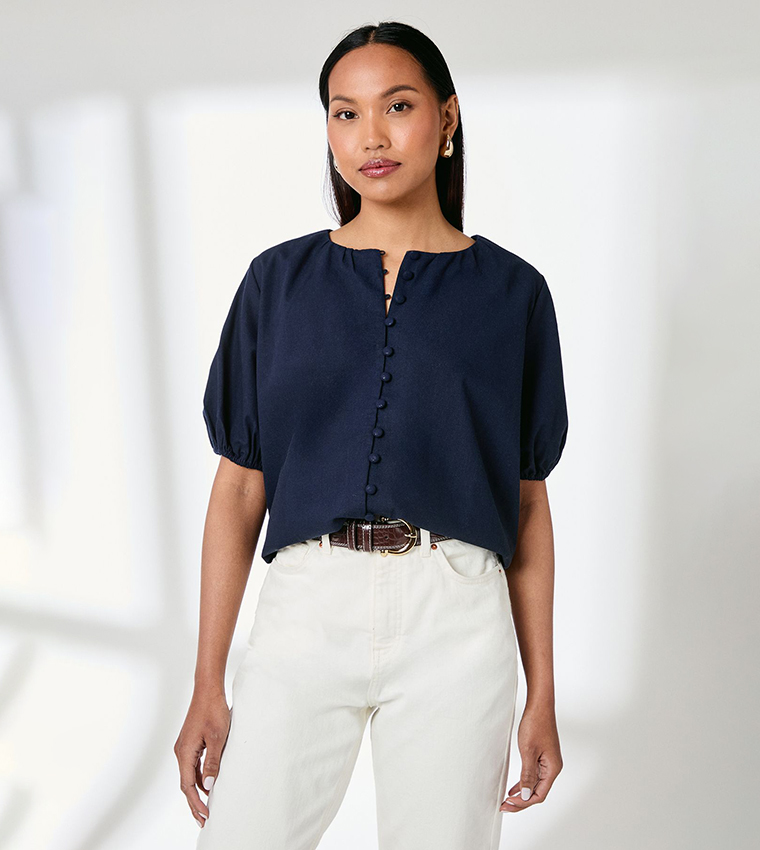 Puff Sleeves Button Front Linen Shirt