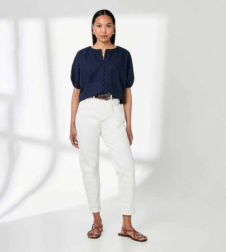 Puff Sleeves Button Front Linen Shirt