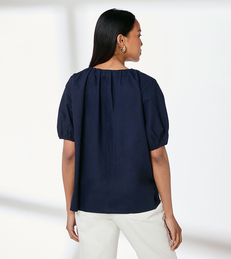 Puff Sleeves Button Front Linen Shirt