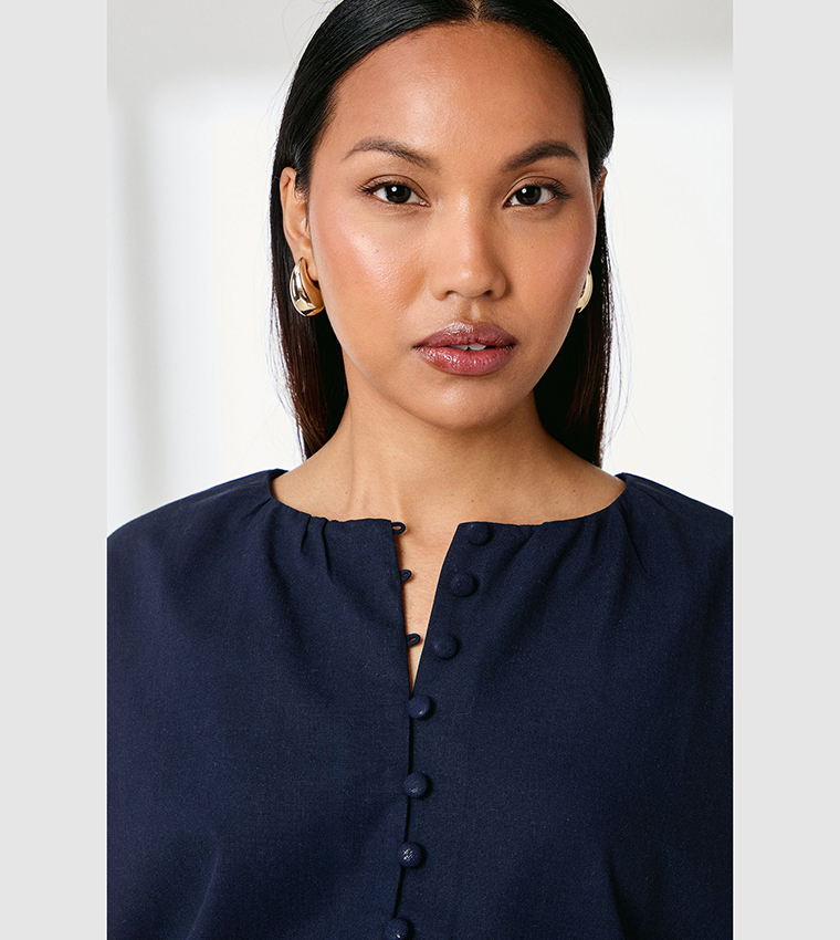 Puff Sleeves Button Front Linen Shirt
