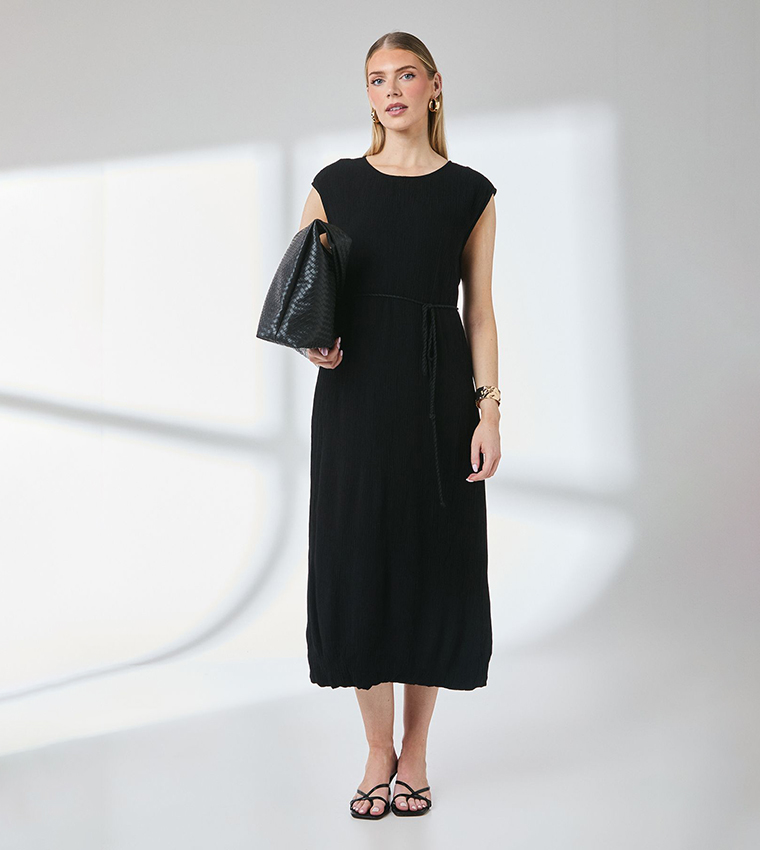 Crinkle Viscose Tie Waist Column Midi Dress