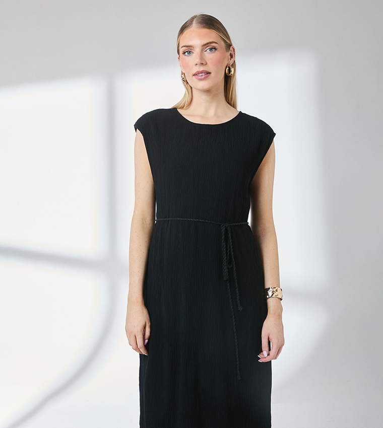 Crinkle Viscose Tie Waist Column Midi Dress