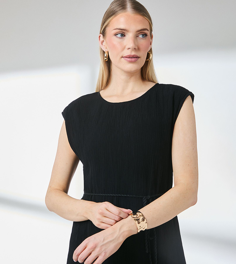 Crinkle Viscose Tie Waist Column Midi Dress