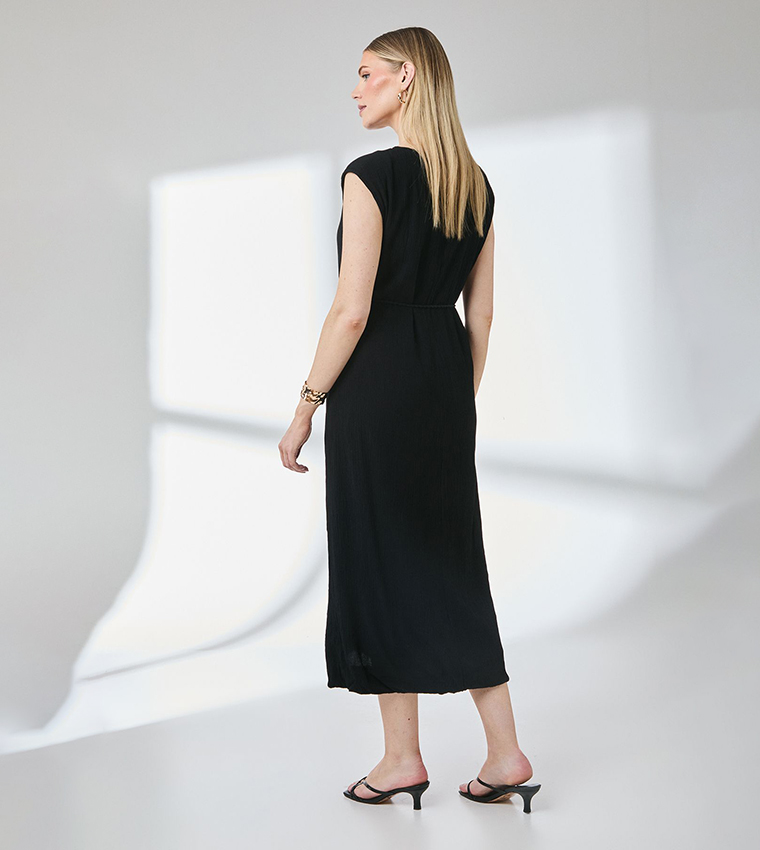 Crinkle Viscose Tie Waist Column Midi Dress
