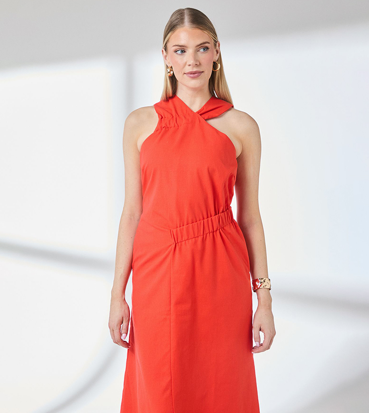 Ruched Linen Asymmetric Hem Halterneck Midaxi Dress