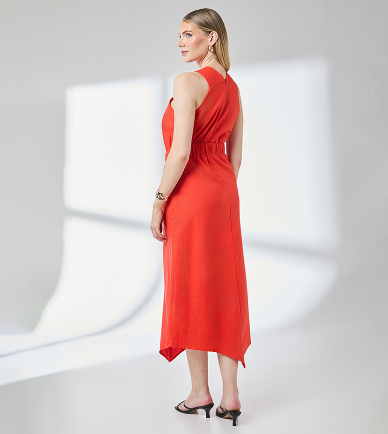 Ruched Linen Asymmetric Hem Halterneck Midaxi Dress