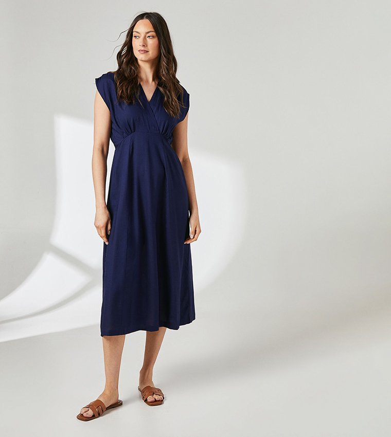 Solid Lapel Detail Midi Dress