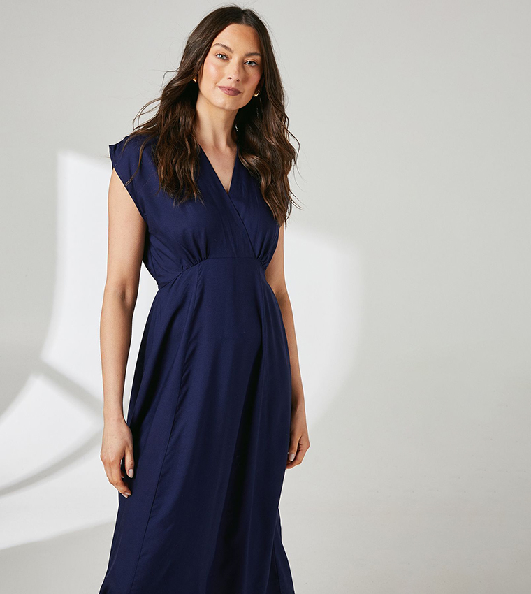 Solid Lapel Detail Midi Dress