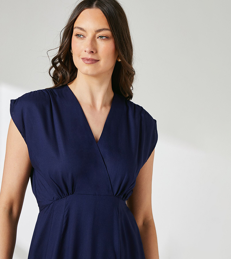 Solid Lapel Detail Midi Dress