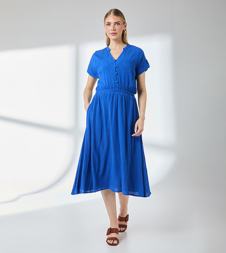 Elasticated Waist Crinkle Viscose Midi Dress