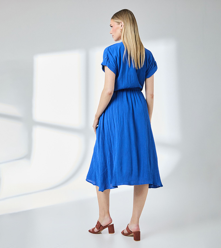 Elasticated Waist Crinkle Viscose Midi Dress