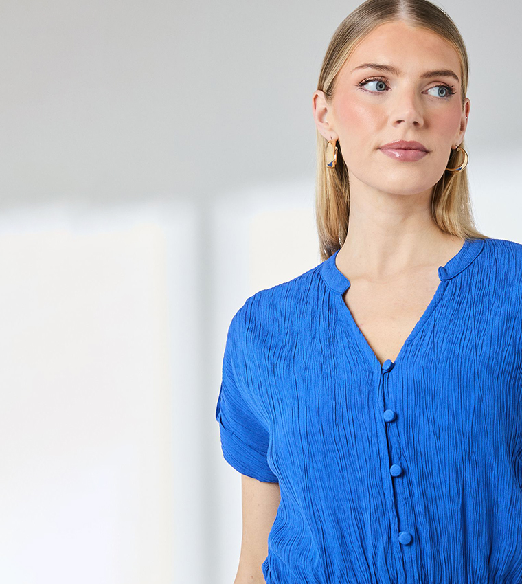 Elasticated Waist Crinkle Viscose Midi Dress