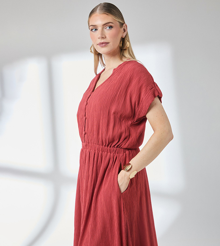 Elasticated Waist Crinkle Viscose Midi Dress