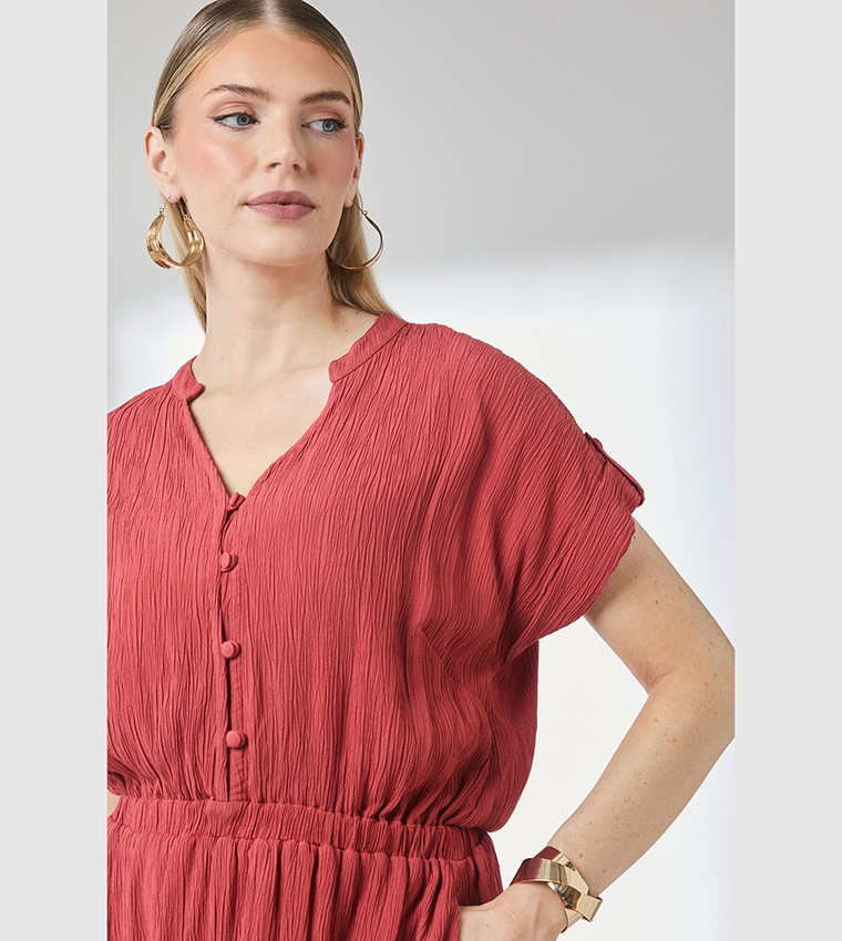 Elasticated Waist Crinkle Viscose Midi Dress