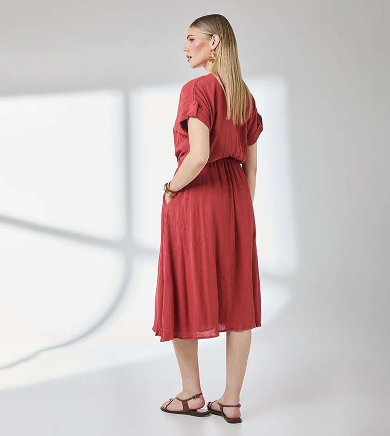 Elasticated Waist Crinkle Viscose Midi Dress
