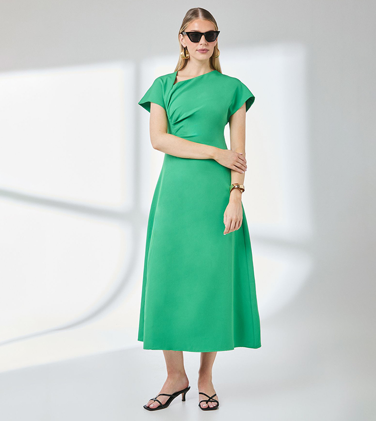 Asymmetric Neck Contrast Cuff Midi Dress