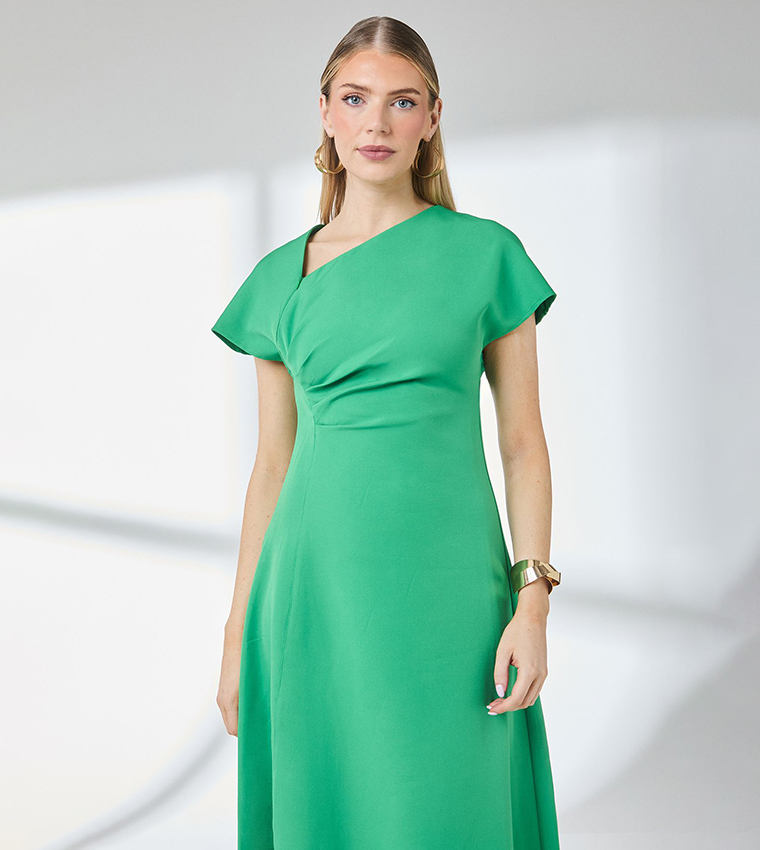 Asymmetric Neck Contrast Cuff Midi Dress