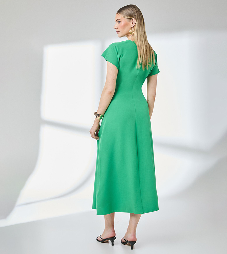 Asymmetric Neck Contrast Cuff Midi Dress