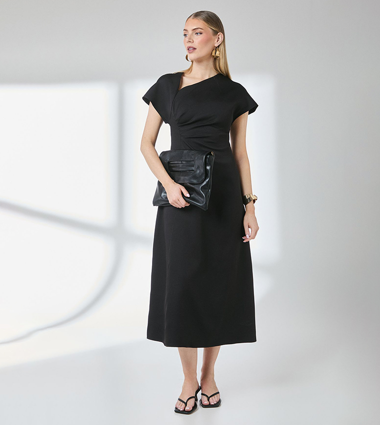 Asymmetric Neck Contrast Cuff Midi Dress