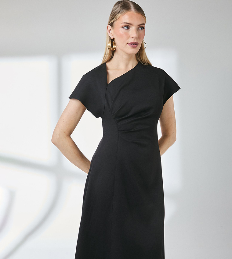 Asymmetric Neck Contrast Cuff Midi Dress