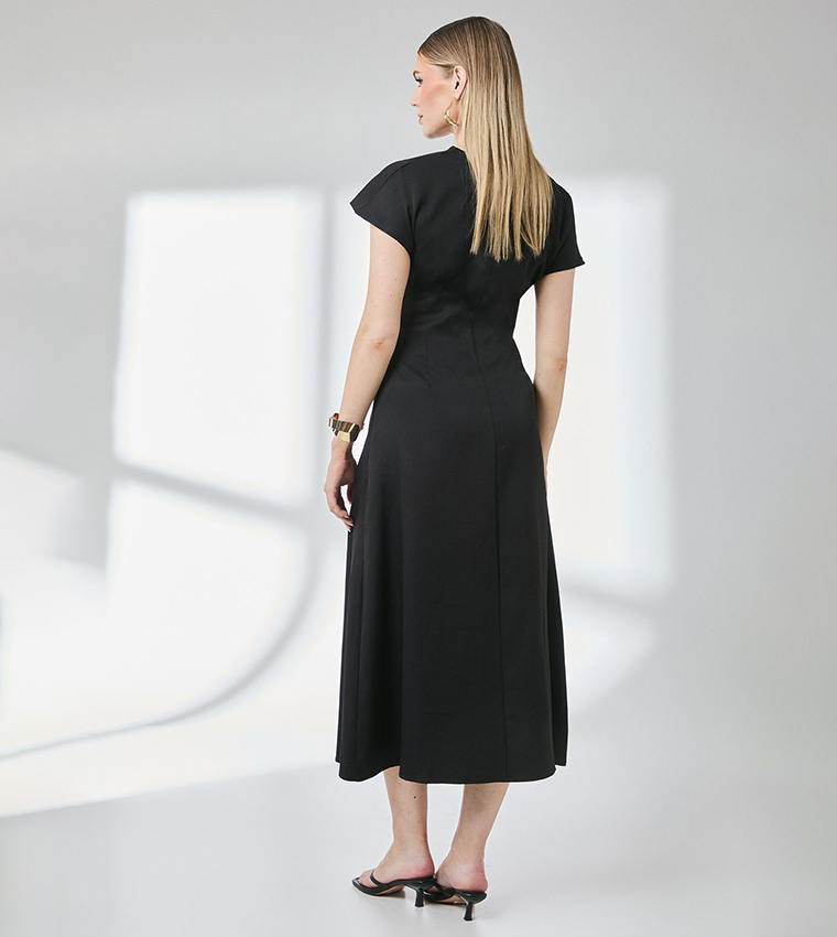 Asymmetric Neck Contrast Cuff Midi Dress