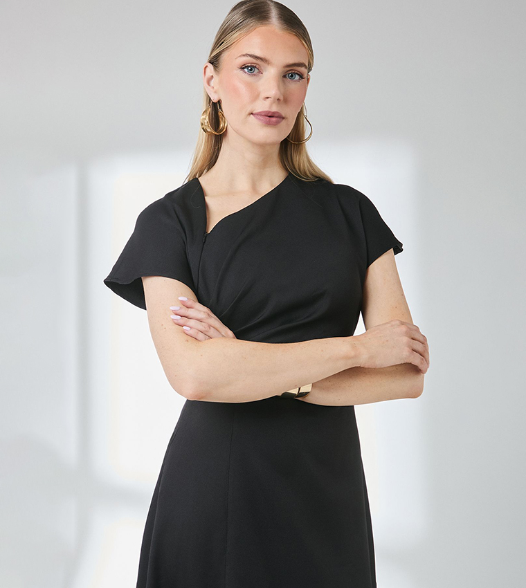 Asymmetric Neck Contrast Cuff Midi Dress