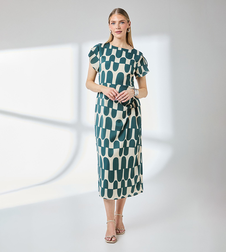 Printed Gathered Front Midi Dress