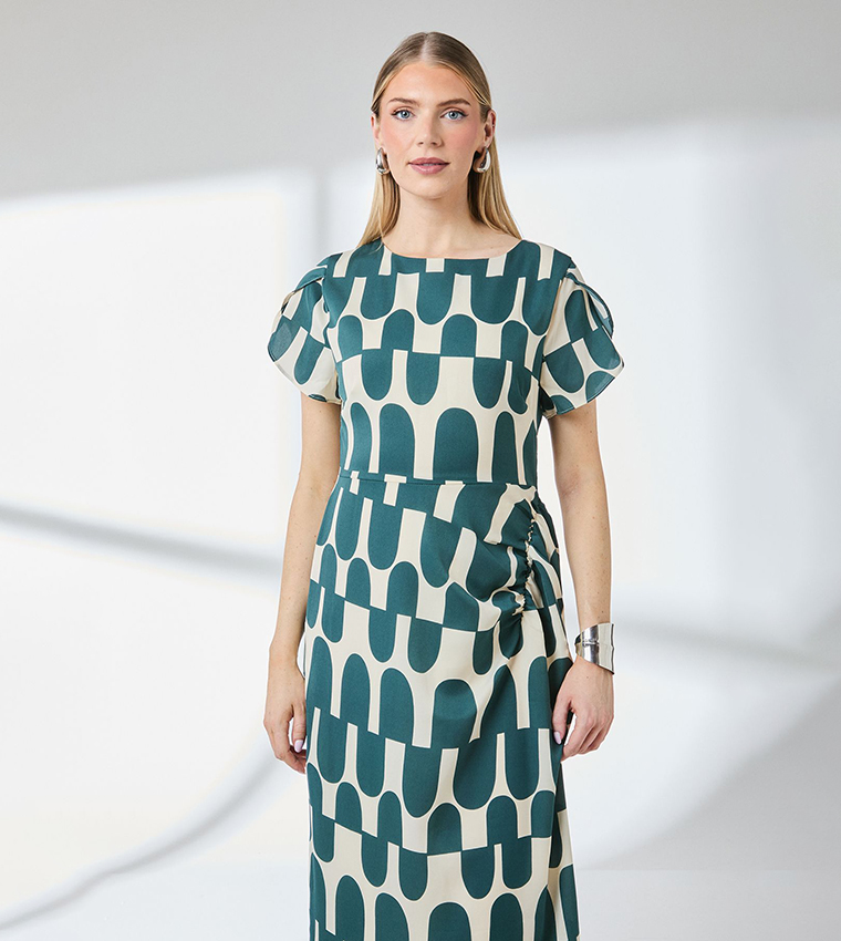 Printed Gathered Front Midi Dress