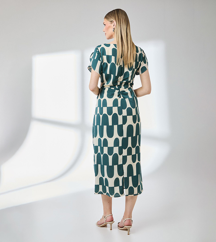 Printed Gathered Front Midi Dress