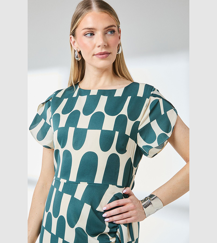Printed Gathered Front Midi Dress