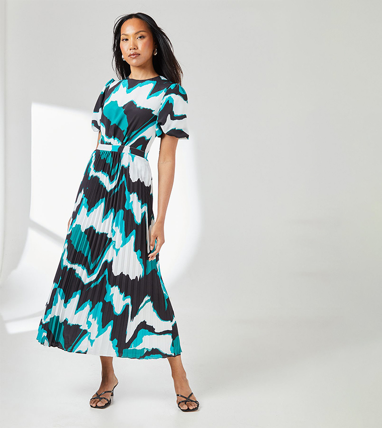 Abstract Print Pleated Puff Sleeves Midi Dress