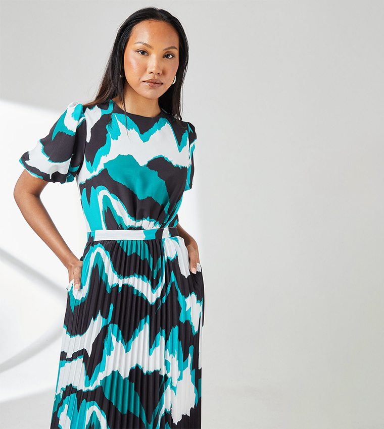 Abstract Print Pleated Puff Sleeves Midi Dress
