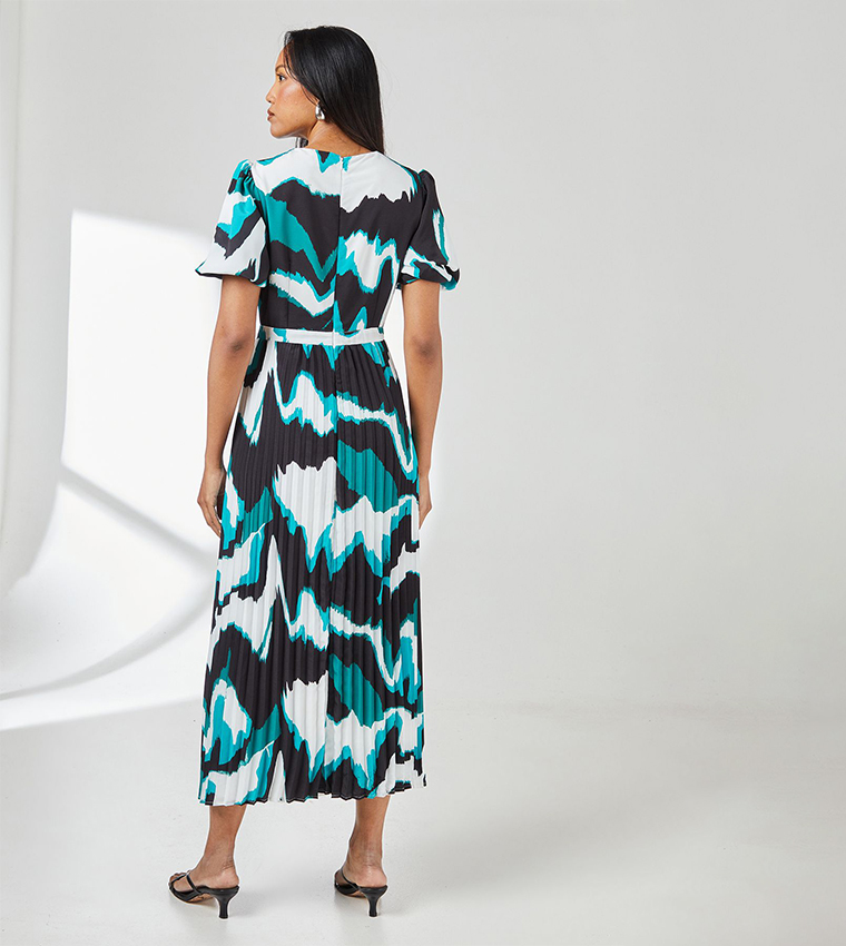 Abstract Print Pleated Puff Sleeves Midi Dress
