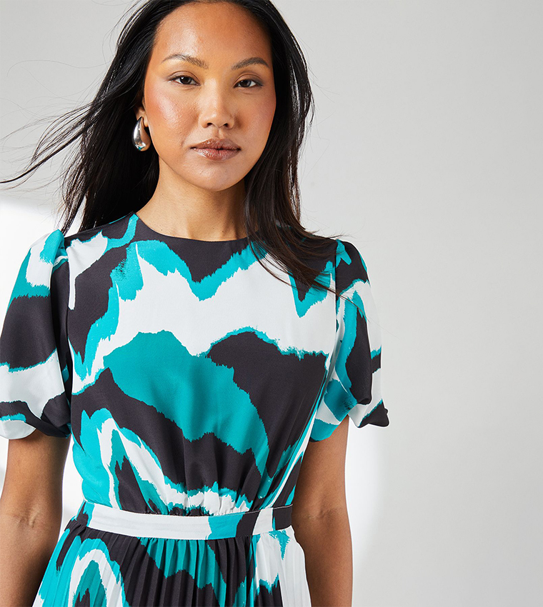 Abstract Print Pleated Puff Sleeves Midi Dress