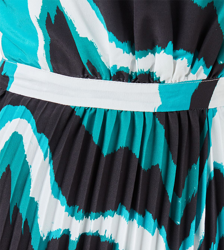 Abstract Print Pleated Puff Sleeves Midi Dress