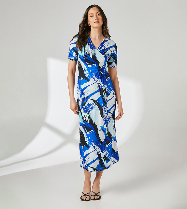 Abstract Print Wrap Jersey Midi Dress