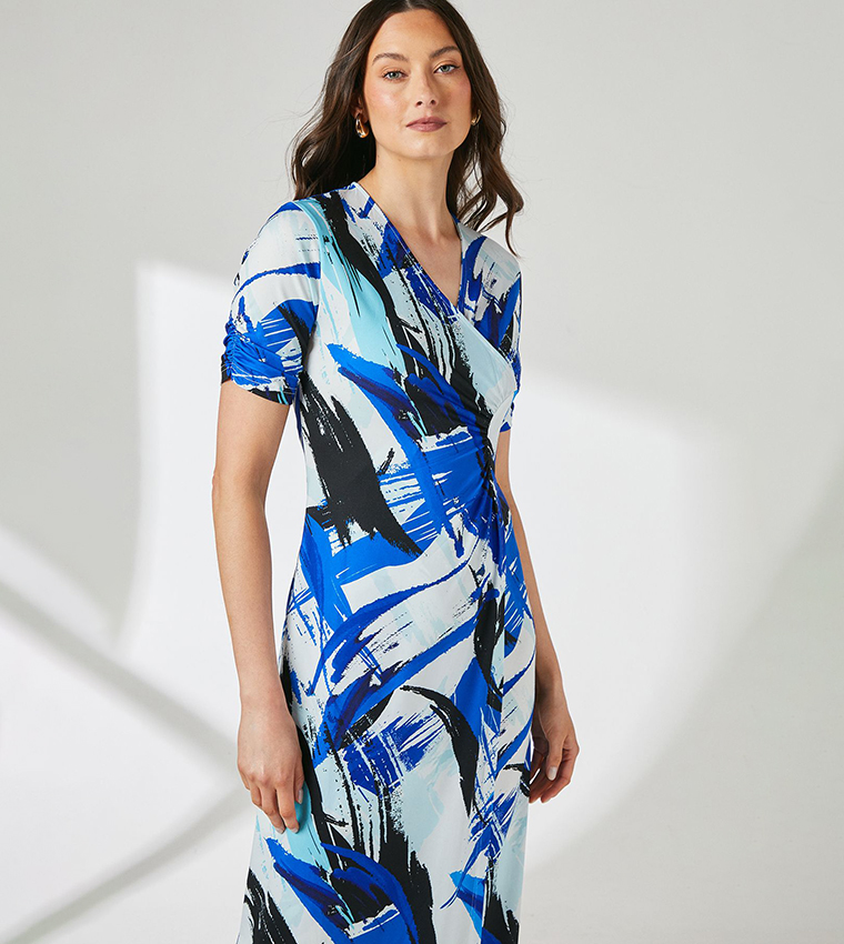Abstract Print Wrap Jersey Midi Dress