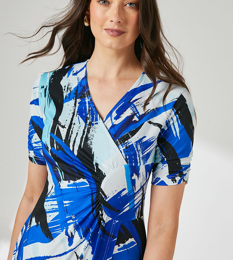 Abstract Print Wrap Jersey Midi Dress