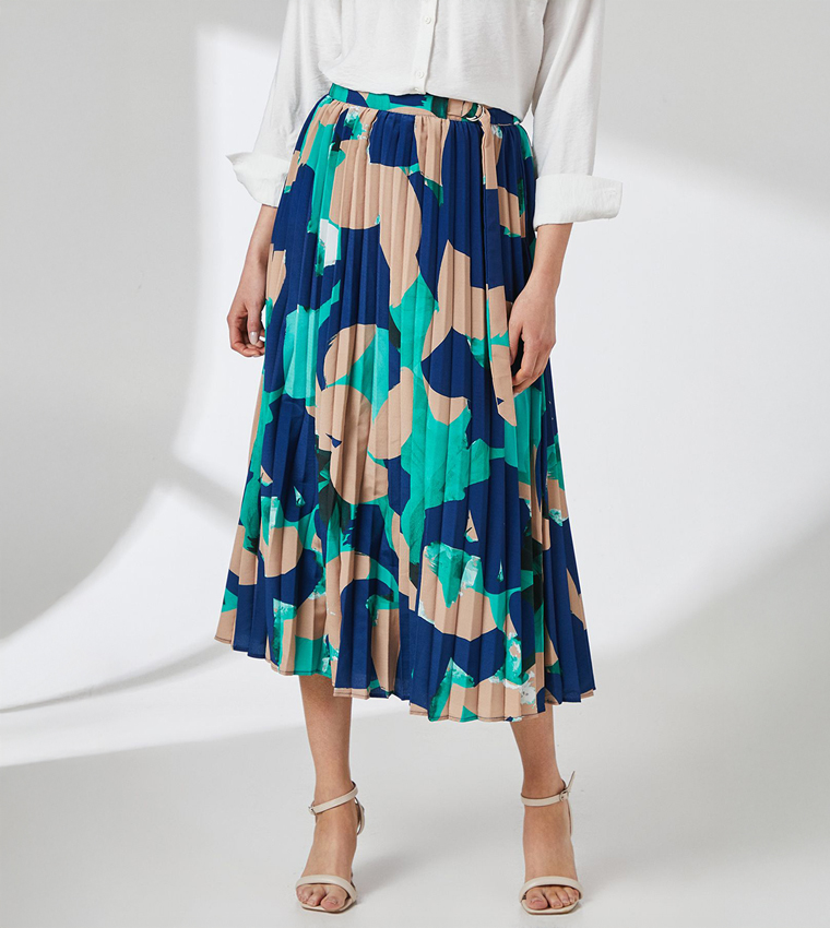 Abstract Print Pleated Crepe Midi Skirt