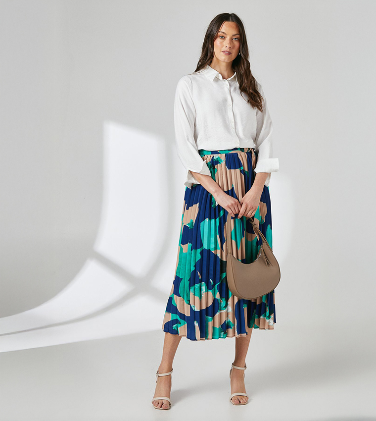 Abstract Print Pleated Crepe Midi Skirt