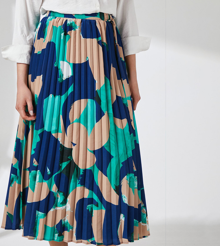 Abstract Print Pleated Crepe Midi Skirt