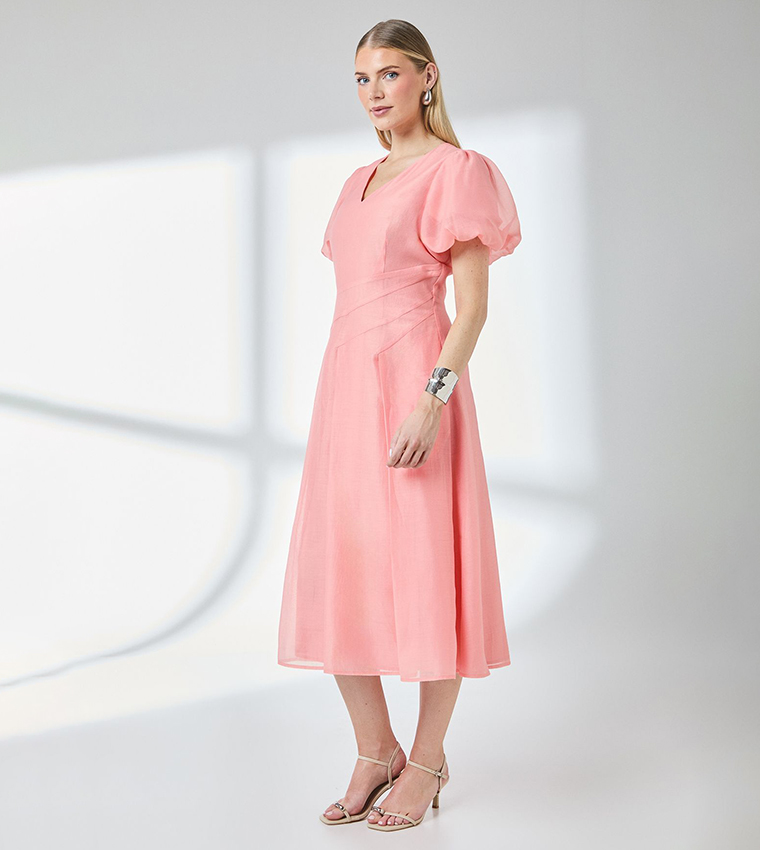 Floral Seam Detail Puff Sleeves Midi Dress