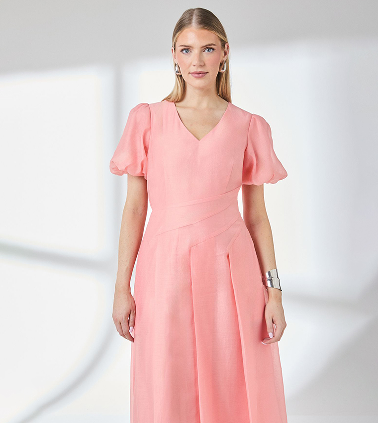 Floral Seam Detail Puff Sleeves Midi Dress