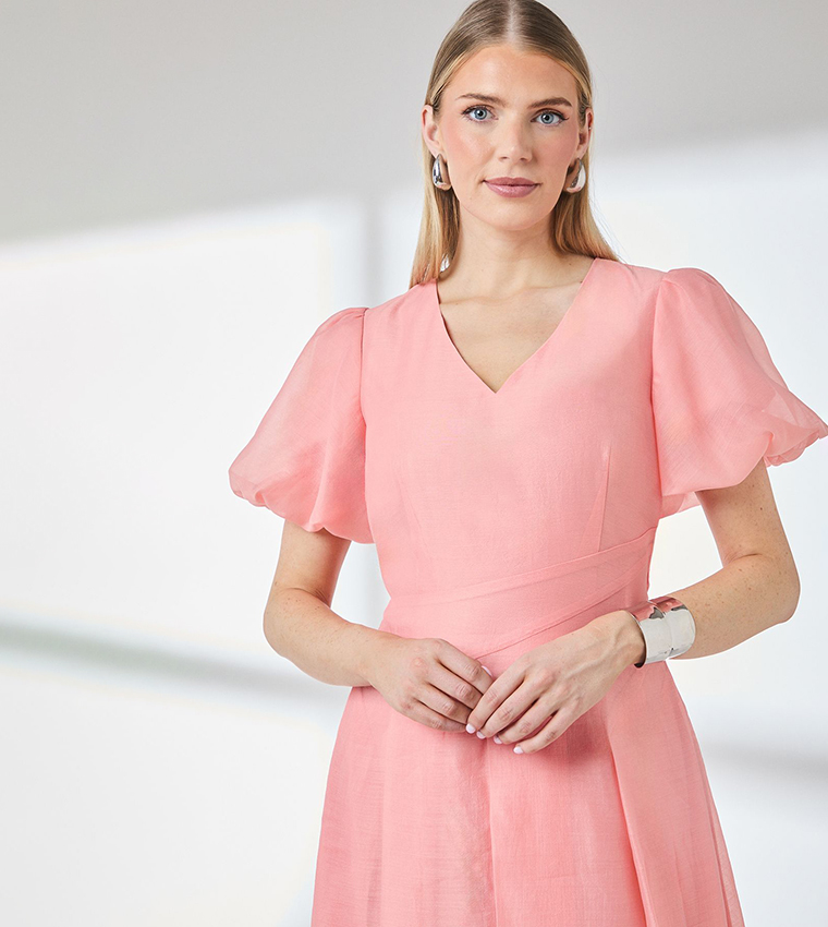 Floral Seam Detail Puff Sleeves Midi Dress