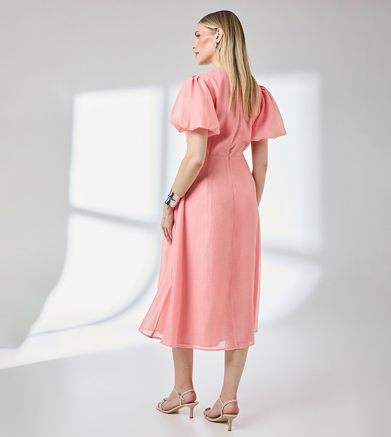 Floral Seam Detail Puff Sleeves Midi Dress
