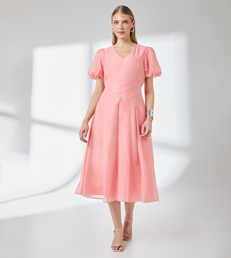 Floral Seam Detail Puff Sleeves Midi Dress