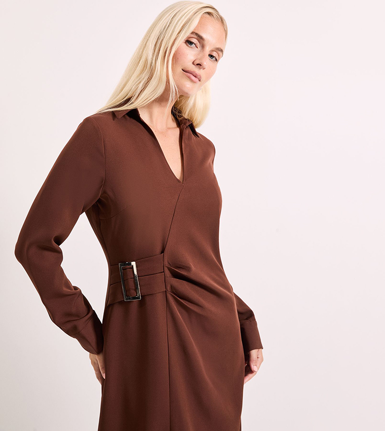 Wrap Buckle Detail Crepe Midi Dress