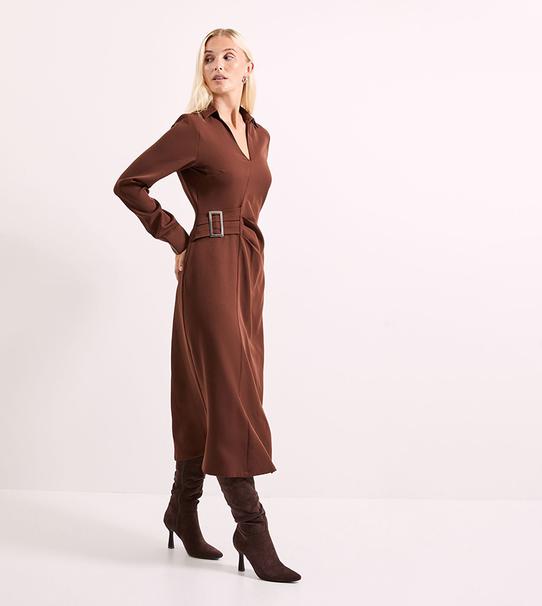 Wrap Buckle Detail Crepe Midi Dress