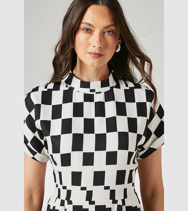 Check Print High Neck Detail Crepe Midi Dress
